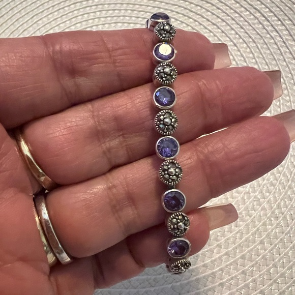 925 Sterling Silver Jewelry - Sterling Silver Purple Amethyst n Marcasite Gemstone Bracelet